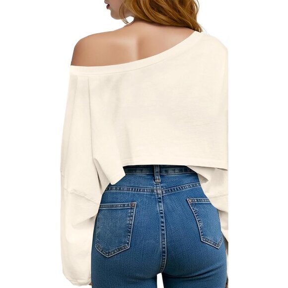 Women's Oversized Off Shoulder Cropped Sweatshirt Long Sleeve Casual Top - Picture 3 of 6
